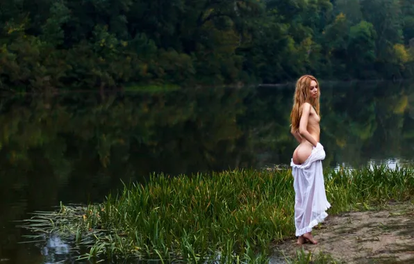 BLONDE, NATURE, CHEST, GREENS, POND, NIGHTIE, SUNDRESS, photographer Sergey Dudko