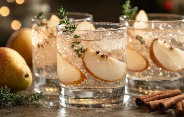 Glass, bubbles, ice, glasses, glasses, drink, cinnamon, pear