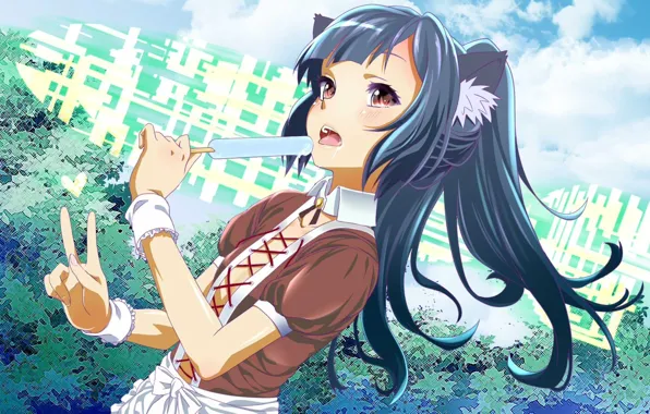 Summer, ice cream, girl, blush, manga, gesture, the bushes, ears