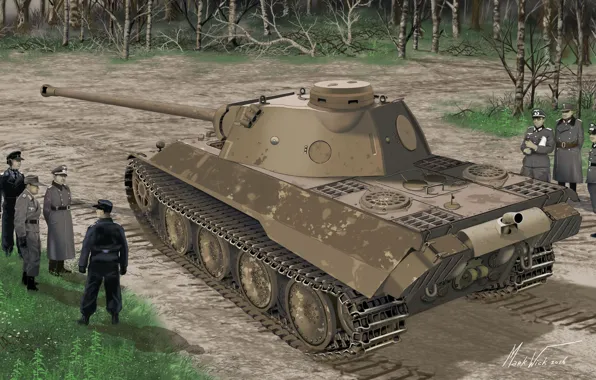 Road, forest, grass, tank, prototype, the Wehrmacht, tankers, soldiers