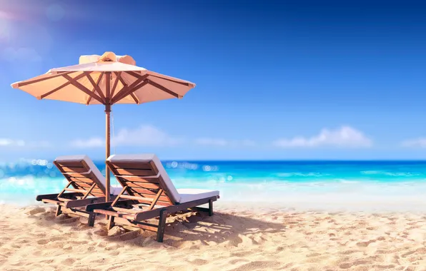 Sand, sea, beach, summer, the sky, palm trees, vacation, chaise