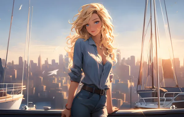 The city, yachts, skyscrapers, neckline, blue eyes, the blonde, beautiful girl, digital art