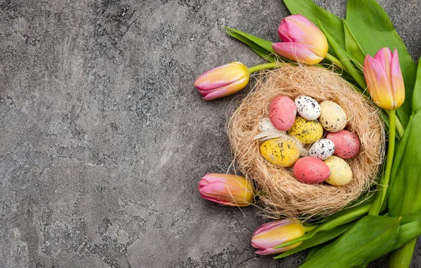 Flowers, eggs, spring, colorful, Easter, tulips, happy, yellow