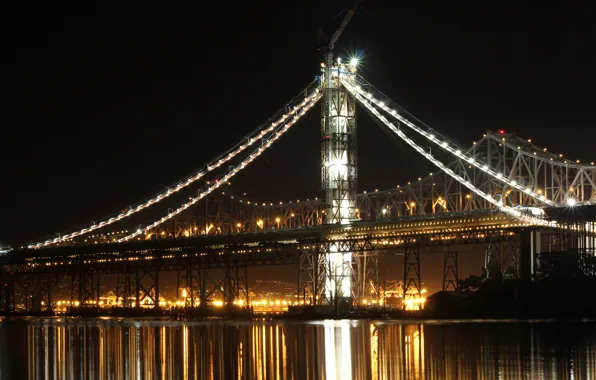 Picture reflection, night, bridge, city, CA, Bay, San Francisco, USA