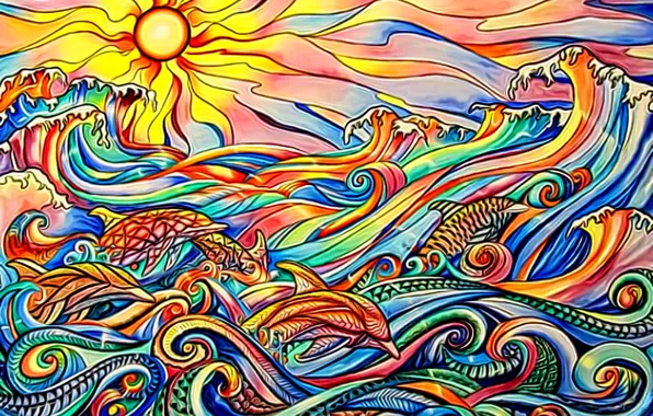 Picture sea, wave, the sky, the sun, sunset, abstraction, dolphins, play of colors