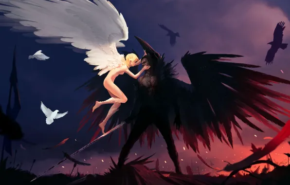 Birds, blood, wings, angel, sword, the demon, pigeons, crows
