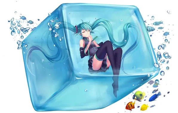 Girl, bubbles, anime, art, form, cube, vocaloid, hatsune miku