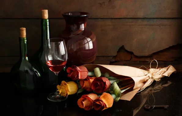 Picture style, wine, glass, roses, bouquet, vase, bottle, still life