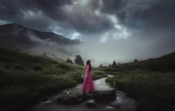 The sky, girl, landscape, nature, romance, dal, dress, long hair
