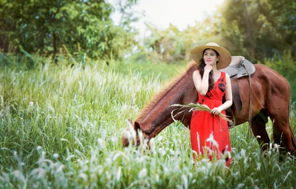 Girl, nature, horse, horse, hat, dress
