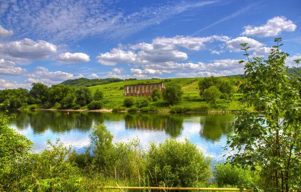 Summer, the sky, clouds, trees, river, Germany, summer, river