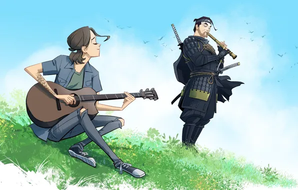 Girl, music, guitar, samurai, two, flute, Crossover, Ellie