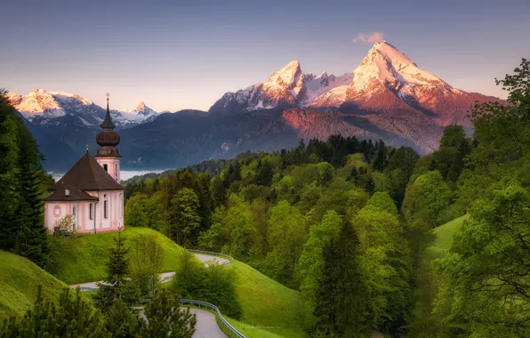 Forest, mountains, spring, Germany, Bayern, Church