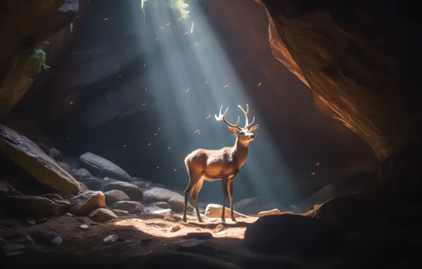 Rays, light, stones, rocks, deer, cave, the grotto, AI art
