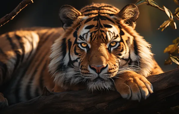 Picture look, face, branches, nature, tiger, portrait, log, AI art