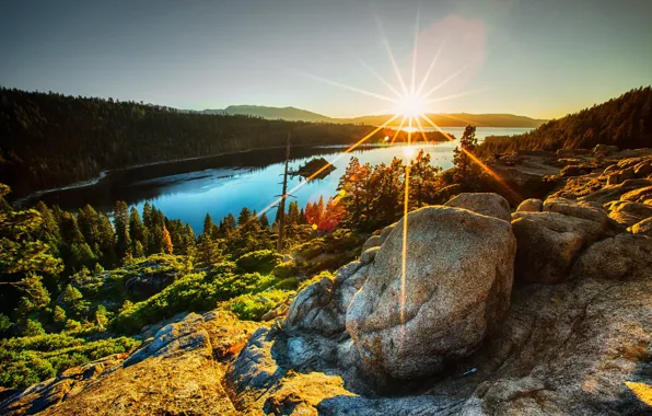 The sun, stones, pond