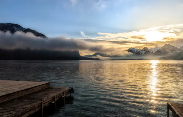 Sunrise, Austria, Reflection, Wolfgangsee, Last morning fog