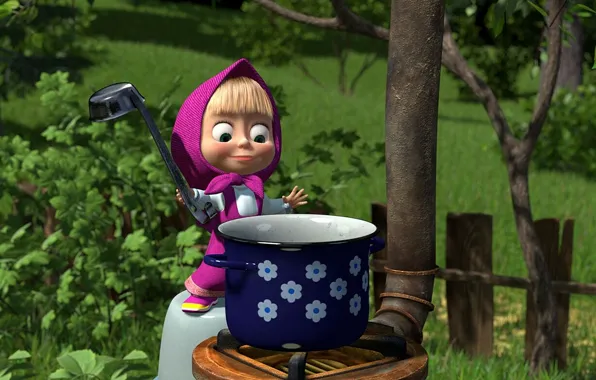 Picture nature, garden, pan, Masha and the bear, porridge, ladle