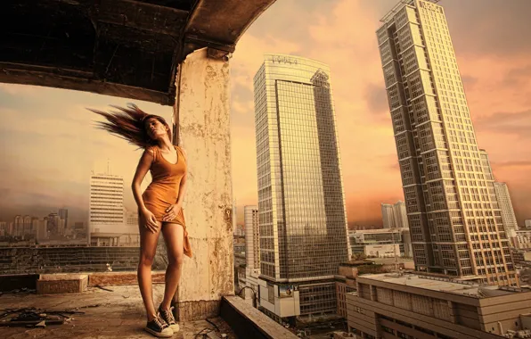 Picture girl, the city, the wind, construction, height, sneakers, home, dress