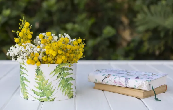 Flowers, bouquet, yellow, book, vase, white, flowers, books