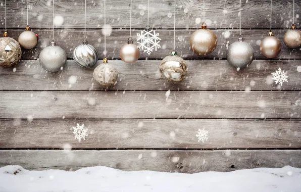 Snow, decoration, balls, New Year, Christmas, golden, new year, Christmas