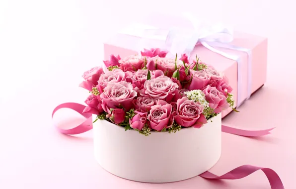 Box, gift, roses, bouquet, love, pink, heart, pink