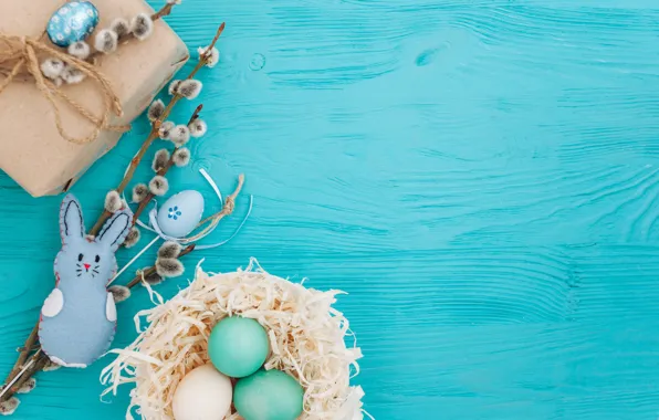 Branches, gift, eggs, spring, Easter, wood, Verba, blue