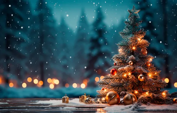 Winter, forest, snow, decoration, night, lights, gift, tree