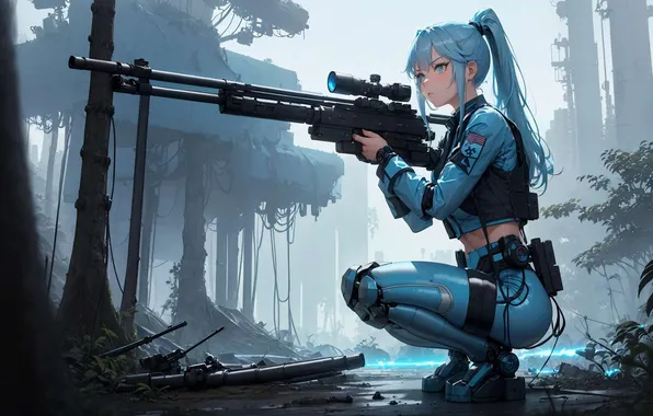 Girl, anime, soldiers, rifle