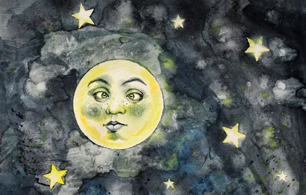 The sky, space, stars, night, face, the dark background, the moon, figure