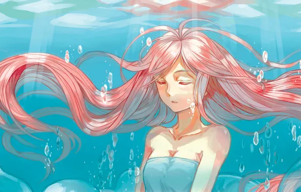 Picture girl, bubbles, art, under water, closed eyes