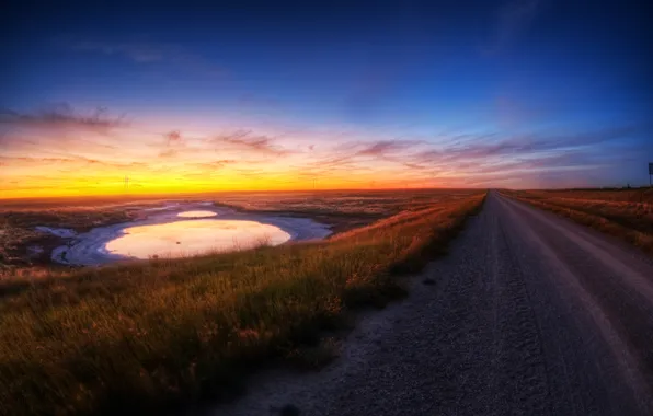 Picture road, the sky, grass, dawn, puddle, roadside, frozen