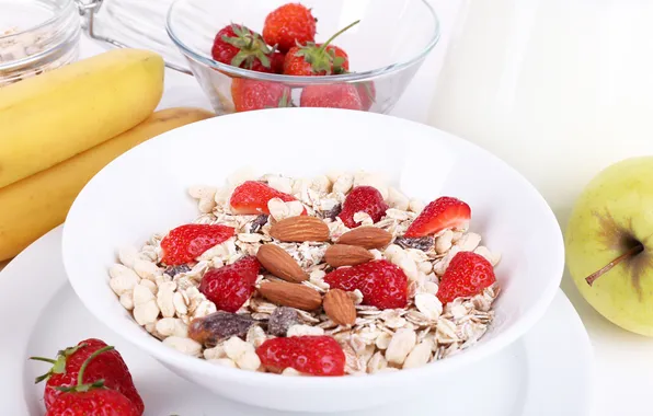 Cereal, cereals, muesli with milk and fruit and fresh berries, Healthy Breakfast