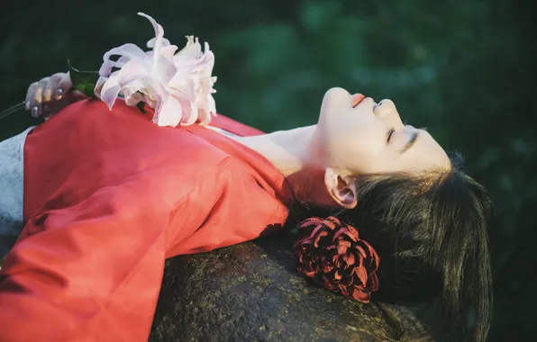 Rock, Beautiful, Asian, Model, Flower, Woman, Pretty, Red Dress
