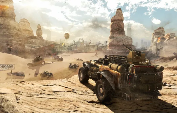 Picture mountains, desert, cars, Sandy valley, CROSSOUT