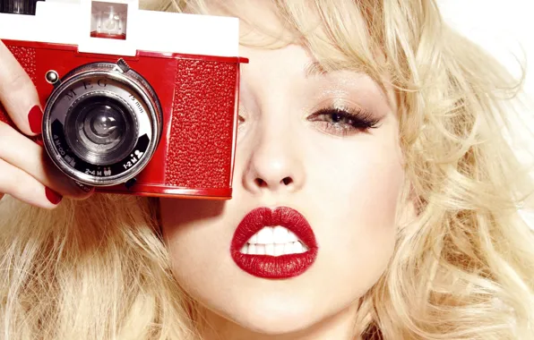 Girl, camera, blonde, relieves, manicure, red lips