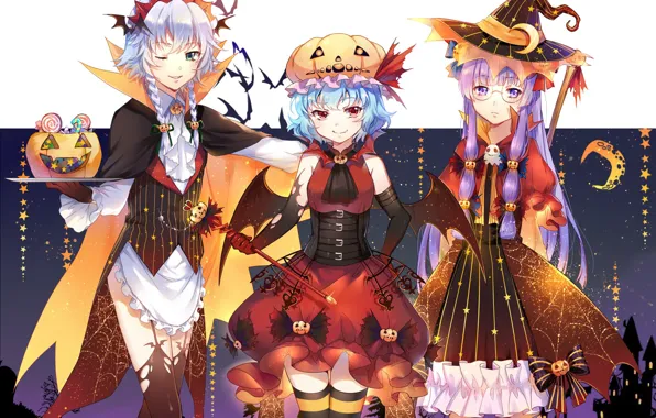 Girls, holiday, anime, art, touhou, Halloween