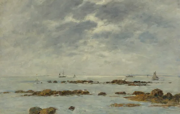 Sea, clouds, boat, picture, sail, Eugene Boudin, Eugene Boudin, Seascape at Saint-Vaast-La-Hougue