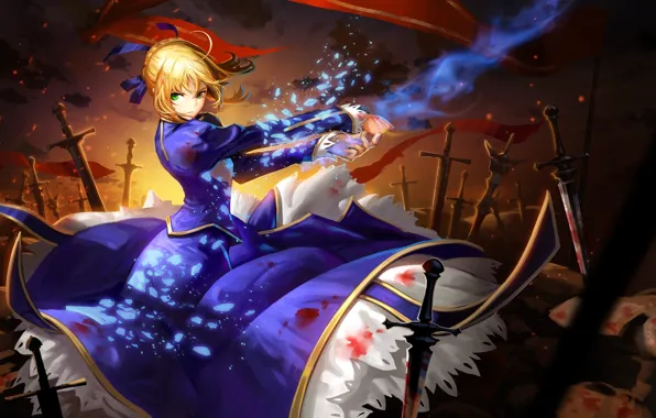 Girl, figure, anime, Excalibur, fantasy, art, blonde, battlefield