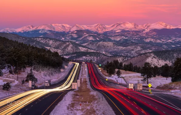 Road, light, mountains, the evening, excerpt