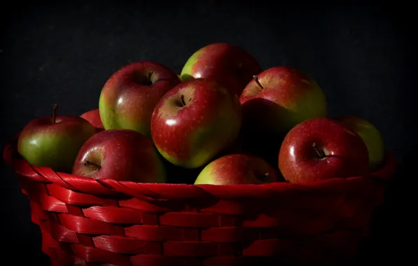 Red, the dark background, apples, food, red, fruit, twilight, still life