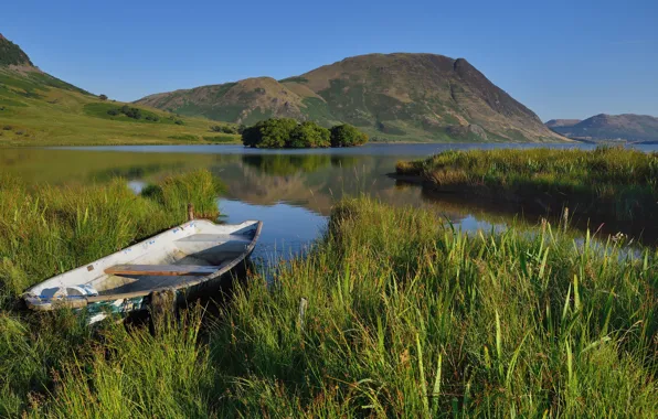 Greens, summer, the sky, grass, mountains, lake, river, blue