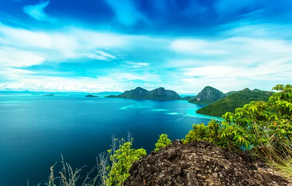 Sea, the sky, clouds, trees, mountains, tropics, stones, rocks