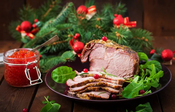 Greens, balls, branches, table, Board, food, plate, Christmas