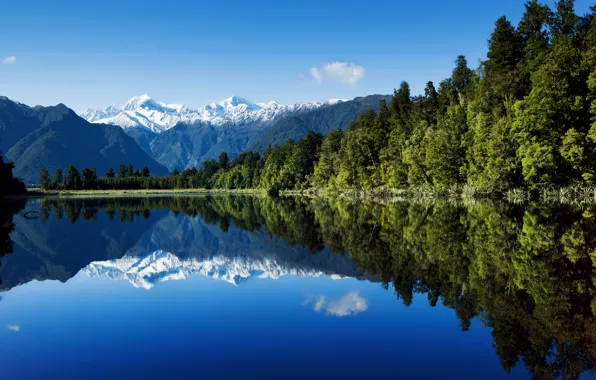 Forest, the sky, water, mountains, lake, reflection, new Zealand
