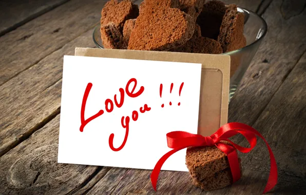 The inscription, heart, cookies, hearts, ribbon, card, love you