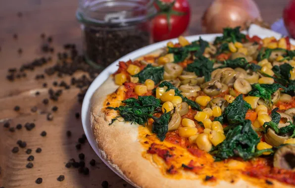 Greens, table, corn, cheese, pepper, vegetables, pizza, olives