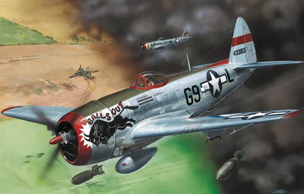 Art, Thunderbolt, USAF, fighter-bomber, WW2, Republic, Jug, P-47D-30