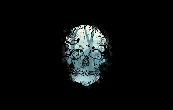 Picture Minimalism, Skull, Forest, Birds, Branches, Style, Fantasy, Art