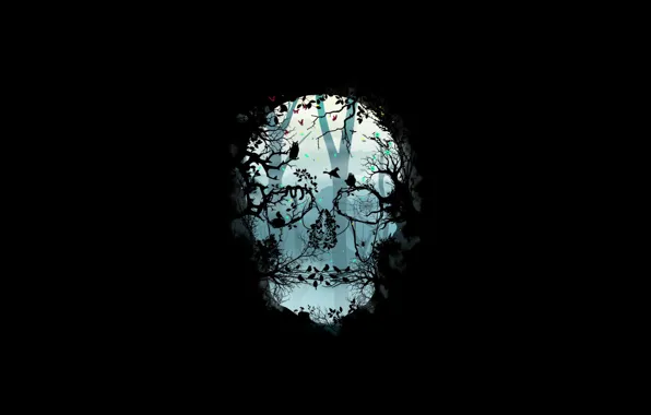 Minimalism, Skull, Forest, Birds, Branches, Style, Fantasy, Art